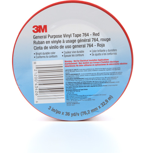 764 General-Purpose Vinyl Tape, 76 mm (3") W x 32.9 m (108') L, 5 mils, Red Canadian Safety Group Inc.