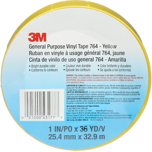 Ruban en vinyle pour travaux g&eacute;n&eacute;raux 764, 25,4 mm (1") la x 32,9 m (108') lo, 5 mils, Jaune Canadian Safety Group Inc.