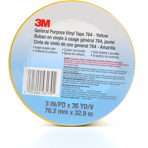 Ruban en vinyle pour travaux g&eacute;n&eacute;raux 764, 76 mm (3") la x 32,9 m (108') lo, 5 mils, Jaune Canadian Safety Group Inc.