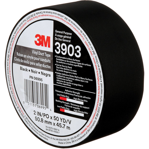 Rubans adh&eacute;sifs en vinyle 3903, 48 mm (2") la x 45 m (148') lo, 6,5 mils, Noir Canadian Safety Group Inc.