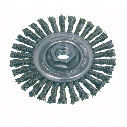 High Speed Small Grinder Stringer Bead Knot Wire Wheel Brush, 4" Dia., 0.02" Fill, 5/8"-11 Arbor, Steel Canadian Safety Group Inc.