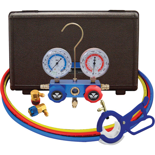 Automotive R134A 2-Way Manifold Gauge Set with 3-In-1 Side Mount Can Tap Valve Canadian Safety Group Inc.