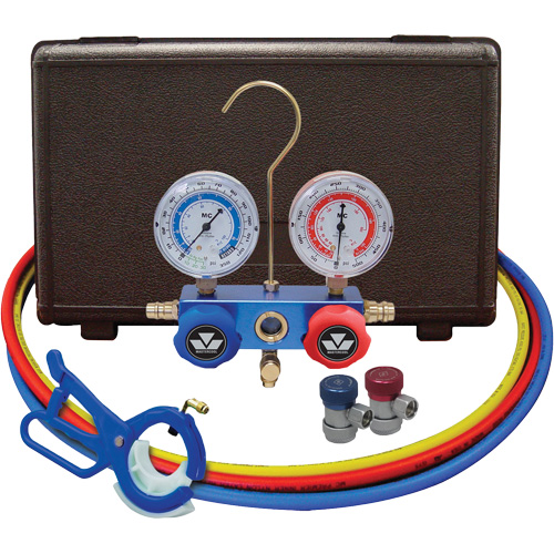 Automotive Manifold Gauge Set with Manual Couplers & 3-in-1 Side Mount Can Tap Valve Canadian Safety Group Inc.