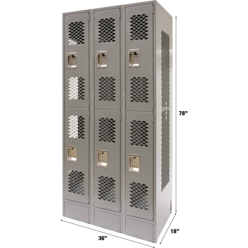 Vented Lockers, 2 -tier, Bank of 3, 36" x 18" x 78", Steel, Grey, Knocked Down, Perforated Canadian Safety Group Inc.