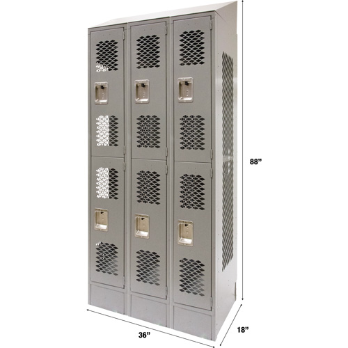 Vented Lockers, 2 -tier, Bank of 3, 36" x 18" x 88", Steel, Grey, Knocked Down, Perforated Canadian Safety Group Inc.
