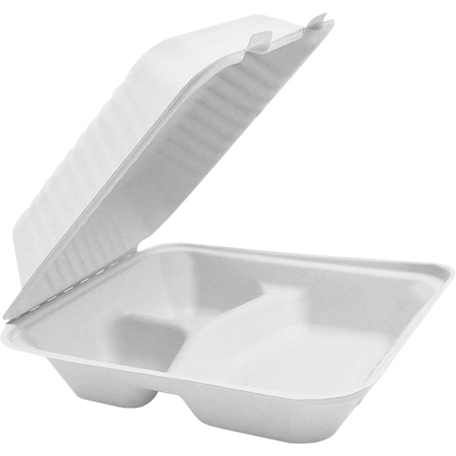 Contenants &agrave; charni&egrave;re pour nourriture compostable avec compartiments, Bagasse, Carr&eacute;e Canadian Safety Group Inc.