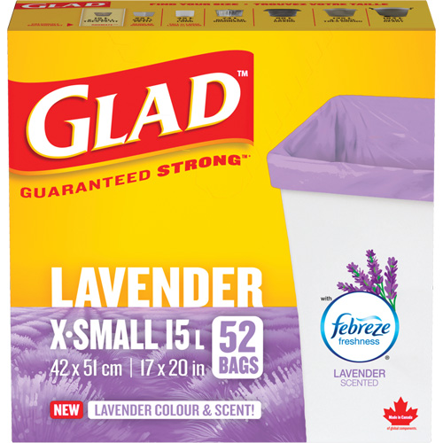 Glad&reg; Lavender Coloured & Scented Bags, Strong, 17" W x 20" L, Purple, 15 L (3.96 Gal.) Capacity Canadian Safety Group Inc.