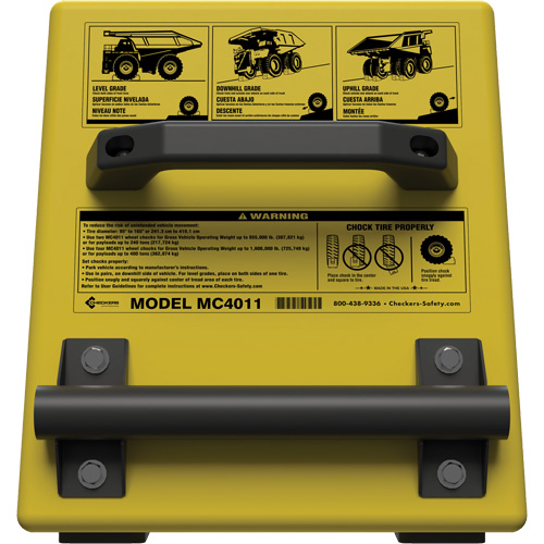 Cale de roue ultra-robuste pour l'exploitation mini&egrave;re Checkers Safety, PEHD, Jaune, 14-1/2" la x 17-1/2" p x 16" h Canadian Safety Group Inc.
