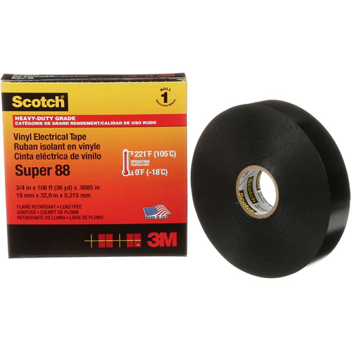 Ruban isolant Super 88 de calibre professionnel Scotch, 19 mm (3/4") la x 32,9 m (108') lo, 8,5 mils, Noir Canadian Safety Group Inc.