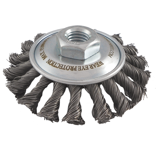 Knotted Wire Wheel Saucer Brushes, 4" Dia., 0.02" Fill, 5/8"-11 Arbor, Steel Canadian Safety Group Inc.