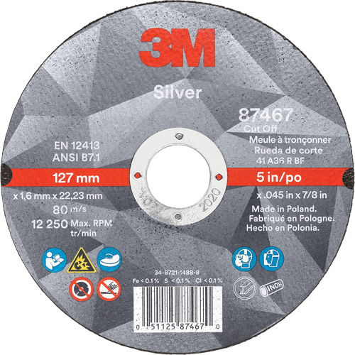 Silver Cut-Off Wheel, 5" x 0.045", 7/8" Arbor, Type 1, Ceramic, 12250 RPM Canadian Safety Group Inc.