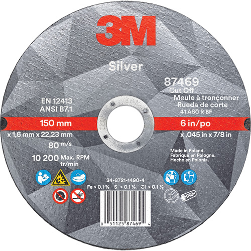 Silver Cut-Off Wheel, 6" x 0.045", 7/8" Arbor, Type 1, Ceramic, 10200 RPM Canadian Safety Group Inc.