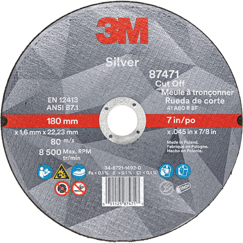 Silver Cut-Off Wheel, 7" x 0.045", 7/8" Arbor, Type 1, Ceramic, 8500 RPM Canadian Safety Group Inc.
