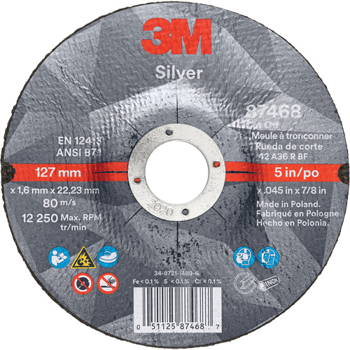 Silver Cut-Off Wheel, 5" x 0.045", 7/8" Arbor, Type 27, Ceramic, 12250 RPM Canadian Safety Group Inc.