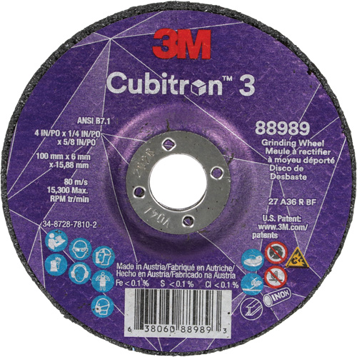 Cubitron 3 Depressed Centre Grinding Wheel, 4" x 1/4", 5/8" Arbor, Ceramic, Type T27 Canadian Safety Group Inc.