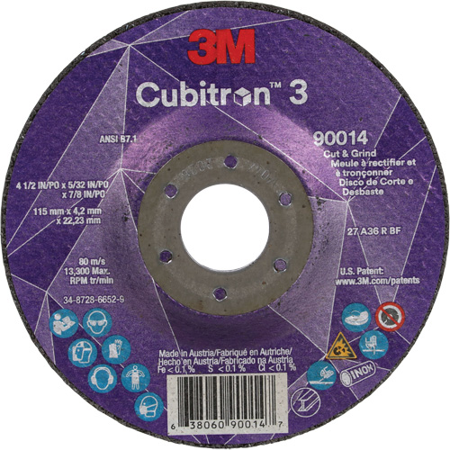 Meule &agrave; couper & tronçonner Cubitron 3, 4-1/2" x 5/32", Arbre de 7/8", Type T27, Grain de 36+, C&eacute;ramique Canadian Safety Group Inc.