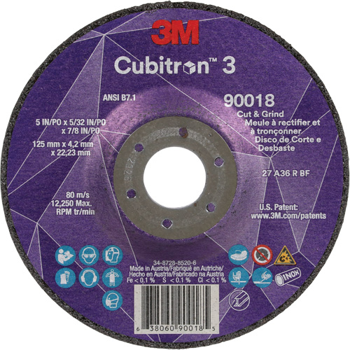 Meule &agrave; couper & tronçonner Cubitron 3, 5" x 5/32", Arbre de 7/8", Type T27, Grain de 36+, C&eacute;ramique Canadian Safety Group Inc.