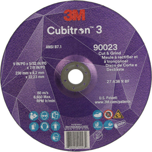 Meule &agrave; couper & tronçonner Cubitron 3, 9" x 5/32", Arbre de 7/8", Type T27, Grain de 36+, C&eacute;ramique Canadian Safety Group Inc.