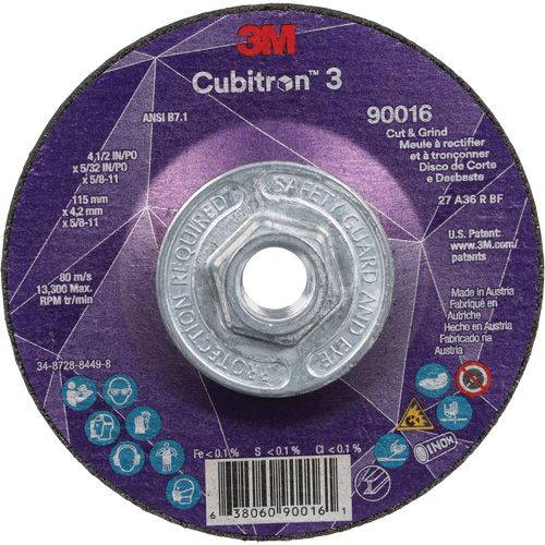 Cubitron 3 Cut & Grind Wheel, 4-1/2" x 5/32", 5/8"-11 Arbor, Type T27, 36+ Grit, Ceramic Canadian Safety Group Inc.