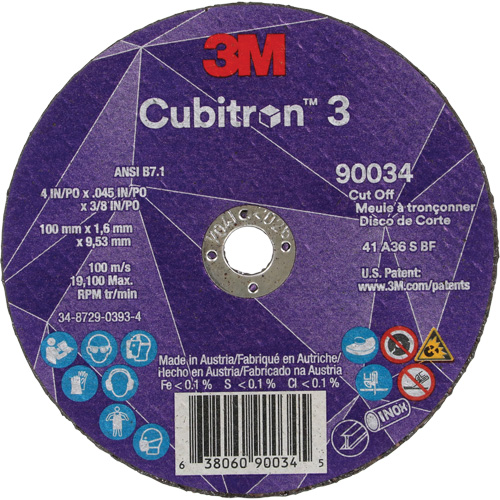 Cubitron 3 Cut-Off Wheel, 4" x 0.045", 3/8" Arbor, Type T1, Ceramic, 21000 RPM Canadian Safety Group Inc.