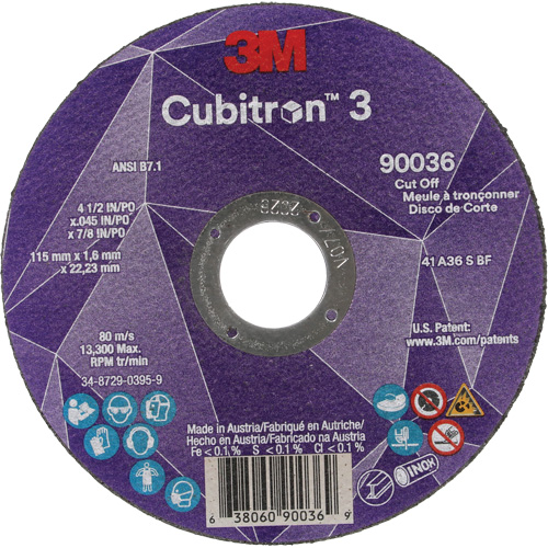 Meule &agrave; tronçonner Cubitron 3, 4-1/2" x 0,045", Arbre de 7/8", Type T1, C&eacute;ramique, 13 300 Tr/min Canadian Safety Group Inc.