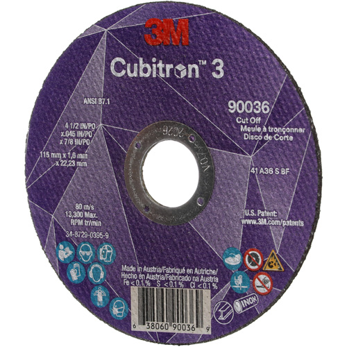 Meule &agrave; tronçonner Cubitron 3, 4-1/2" x 0,045", Arbre de 7/8", Type T1, C&eacute;ramique, 13 300 Tr/min Canadian Safety Group Inc.