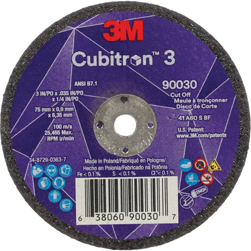 Cubitron 3 Cut-Off Wheel, 3" x 0.035", 1/4" Arbor, Type T1, Ceramic, 21000 RPM Canadian Safety Group Inc.