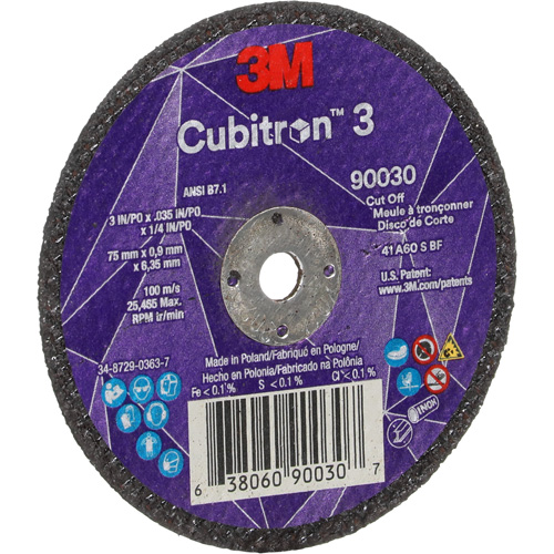 Cubitron 3 Cut-Off Wheel, 3" x 0.035", 1/4" Arbor, Type T1, Ceramic, 21000 RPM Canadian Safety Group Inc.