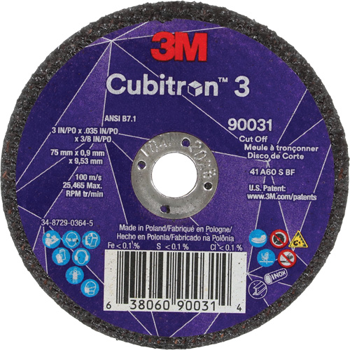 Meule &agrave; tronçonner Cubitron 3, 3" x 0,035", Arbre de 3/8", Type T1, C&eacute;ramique, 21000 Tr/min Canadian Safety Group Inc.