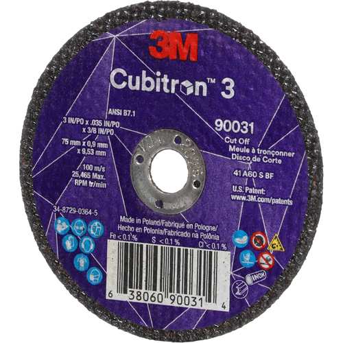 Meule &agrave; tronçonner Cubitron 3, 3" x 0,035", Arbre de 3/8", Type T1, C&eacute;ramique, 21000 Tr/min Canadian Safety Group Inc.