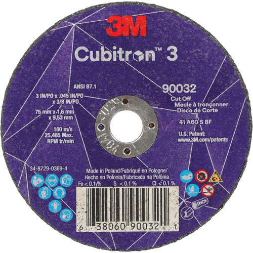 Cubitron 3 Cut-Off Wheel, 3" x 0.045", 3/8" Arbor, Type T1, Ceramic, 21000 RPM Canadian Safety Group Inc.