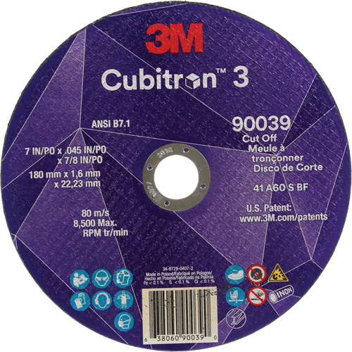 Meule &agrave; tronçonner Cubitron 3, 7" x 0,09", Arbre de 7/8", Type T27, C&eacute;ramique, 8500 Tr/min Canadian Safety Group Inc.