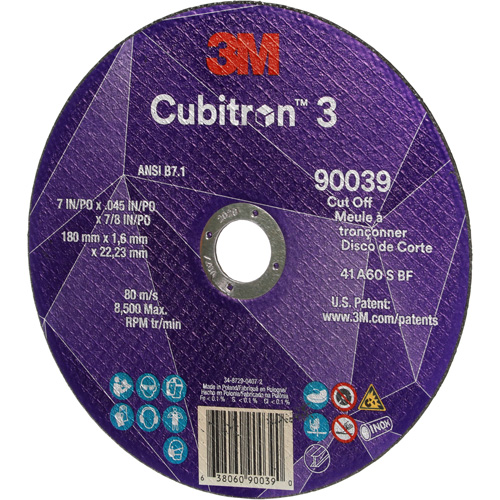 Meule &agrave; tronçonner Cubitron 3, 7" x 0,09", Arbre de 7/8", Type T27, C&eacute;ramique, 8500 Tr/min Canadian Safety Group Inc.