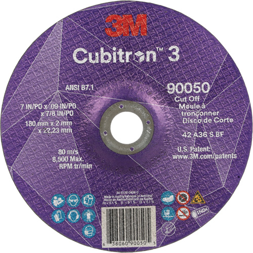 Meule &agrave; tronçonner Cubitron 3, 7" x 0,09", Arbre de 7/8", Type T27, C&eacute;ramique, 8500 Tr/min Canadian Safety Group Inc.
