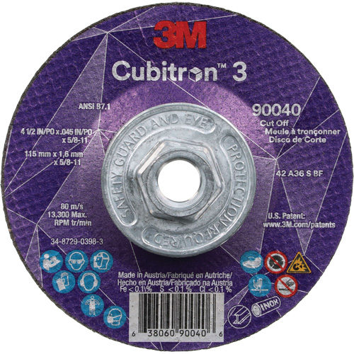 Cubitron 3 Cut-Off Wheel, 4-1/2" x 0.045", 5/8"-11 Arbor, Type T27, Ceramic, 13300 RPM Canadian Safety Group Inc.