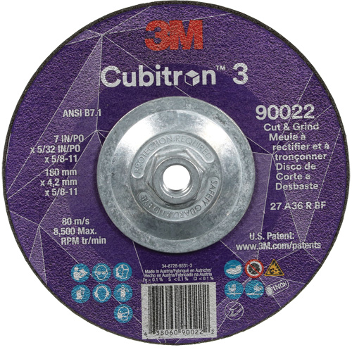 Meule &agrave; rectifier et &agrave; tronçonner Cubitron 3, 7" x 5/32", Arbre de 5/8"-11, Type 27, Grain de 36, C&eacute;ramique Canadian Safety Group Inc.