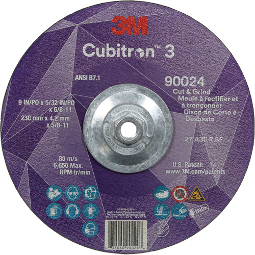 Cubitron 3 Cut and Grind Wheel, 9" x 5/32", 5/8"-11 Arbor, Type 27, 36 Grit, Ceramic Canadian Safety Group Inc.