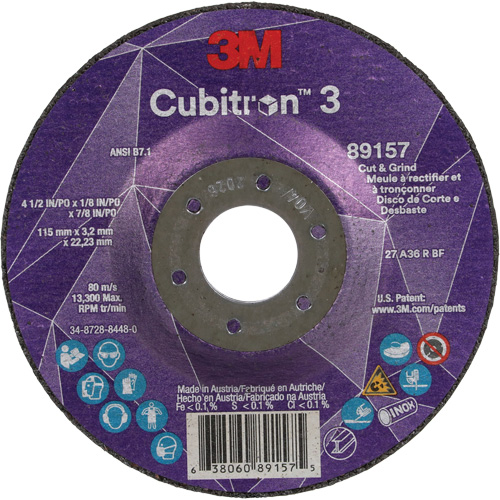 Meule &agrave; rectifier et &agrave; tronçonner Cubitron 3, 4-1/2" x 1/8", Arbre de 7/8", Type 27, Grain de 36, C&eacute;ramique Canadian Safety Group Inc.