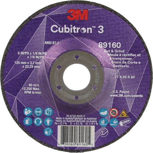 Meule &agrave; rectifier et &agrave; tronçonner Cubitron 3, 5" x 1/8", Arbre de 7/8", Type 27, Grain de 36, C&eacute;ramique Canadian Safety Group Inc.