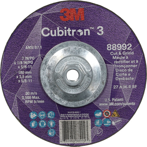 Meule &agrave; rectifier et &agrave; tronçonner Cubitron 3, 7" x 1/8", Arbre de 5/8"-11, Type 27, Grain de 36, C&eacute;ramique Canadian Safety Group Inc.
