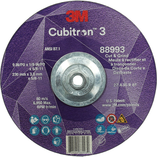 Meule &agrave; rectifier et &agrave; tronçonner Cubitron 3, 9" x 1/8", Arbre de 5/8"-11, Type 27, Grain de 36, C&eacute;ramique Canadian Safety Group Inc.
