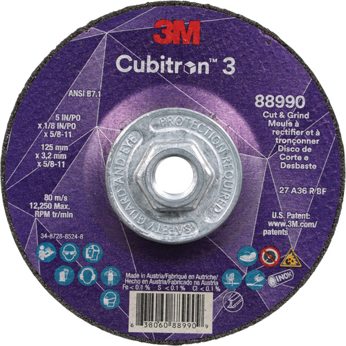Cubitron 3 Cut and Grind Wheel, 5" x 1/8", 5/8"-11 Arbor, Type 27, 36 Grit, Ceramic Canadian Safety Group Inc.
