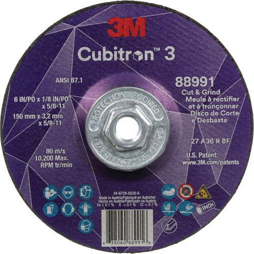 Meule &agrave; rectifier et &agrave; tronçonner Cubitron 3, 6" x 1/8", Arbre de 5/8"-11, Type 27, Grain de 36, C&eacute;ramique Canadian Safety Group Inc.