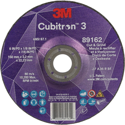 Meule &agrave; rectifier et &agrave; tronçonner Cubitron 3, 6" x 1/8", Arbre de 7/8", Type 27, Grain de 36, C&eacute;ramique Canadian Safety Group Inc.