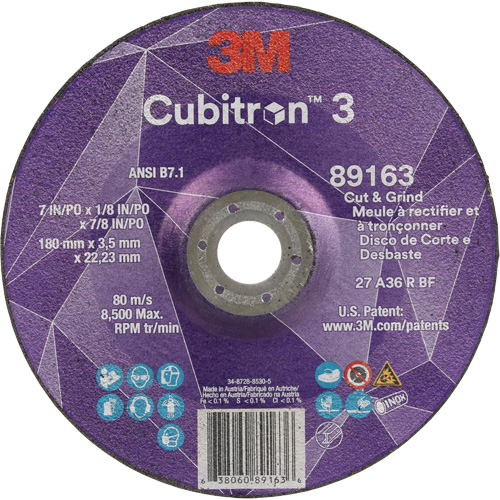 Meule &agrave; rectifier et &agrave; tronçonner Cubitron 3, 7" x 1/8", Arbre de 7/8", Type 27, Grain de 36, C&eacute;ramique Canadian Safety Group Inc.