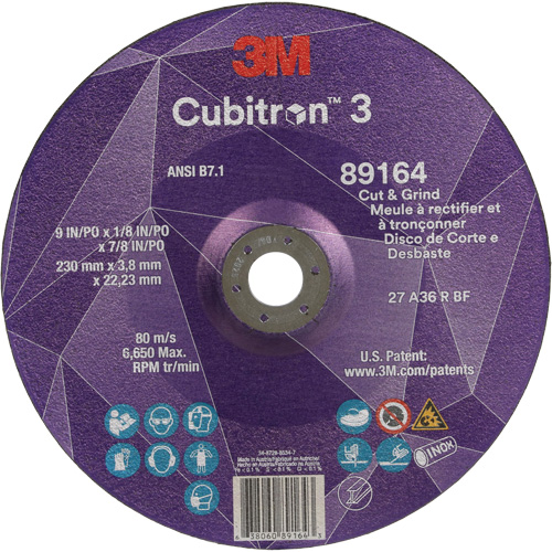 Meule &agrave; rectifier et &agrave; tronçonner Cubitron 3, 9" x 1/8", Arbre de 7/8", Type 27, Grain de 36, C&eacute;ramique Canadian Safety Group Inc.