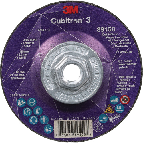 Cubitron 3 Cut and Grind Wheel, 4-1/2" x 1/8", 5/8"-11 Arbor, Type 27, 36 Grit, Ceramic Canadian Safety Group Inc.