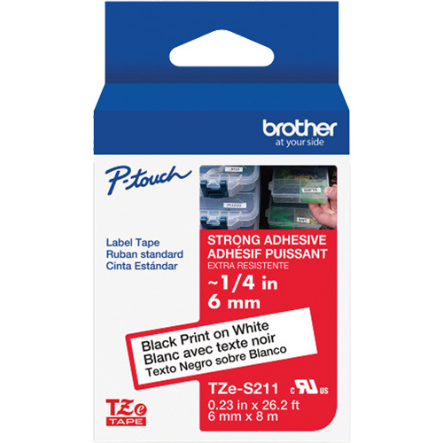 Ruban lamin&eacute; tr&egrave;s-r&eacute;sistant pour &eacute;tiqueteuses P-Touch, 6 mm x 8 m, Noir sur blanc Canadian Safety Group Inc.