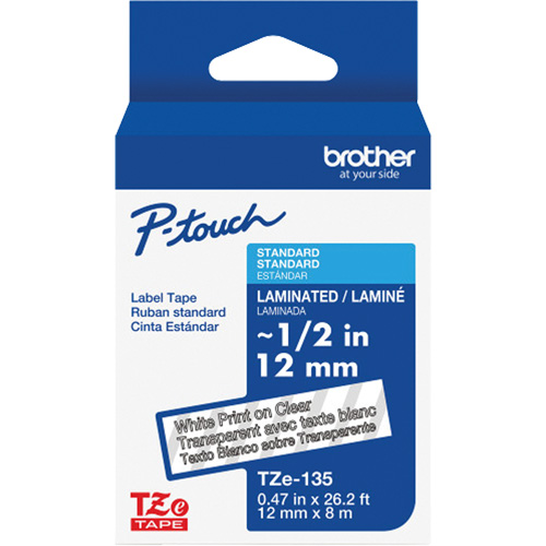 Laminated Tape for P-Touch&reg;, 12 mm x 8 m, White on Clear Canadian Safety Group Inc.
