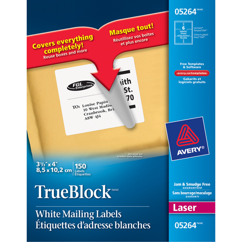 &eacute;tiquettes d'exp&eacute;dition au laser TrueBlock, 3-1/3" la x 4" la x Blanc Canadian Safety Group Inc.
